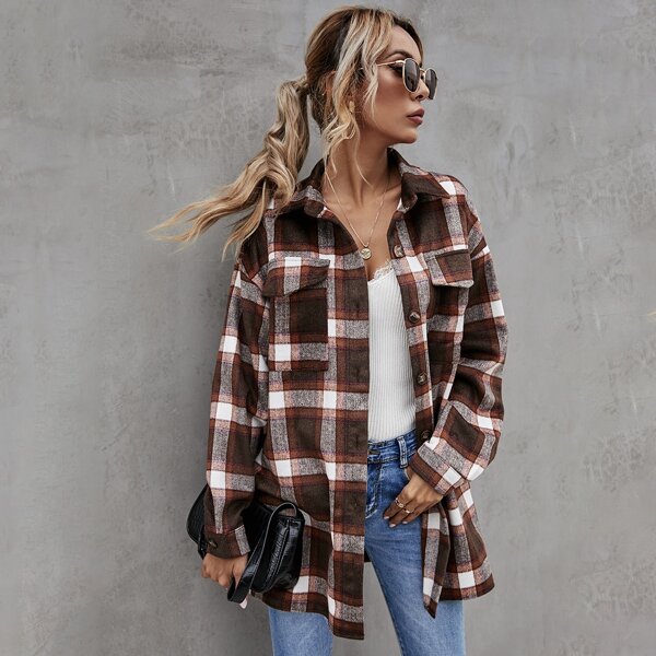 

Collared Flap Pocket Front Plaid Coat, Multicolor