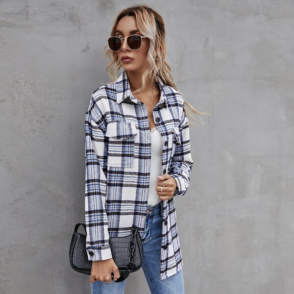 

Collared Flap Pocket Front Plaid Coat, Multicolor