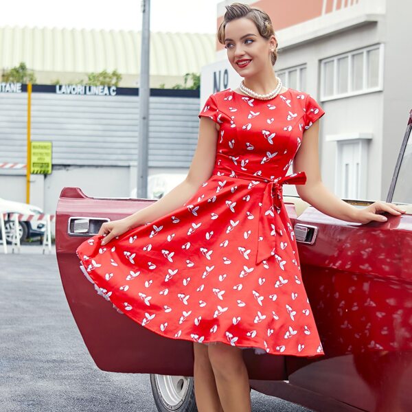 

Cherry Print Belted Dress Without Petticoat, Red