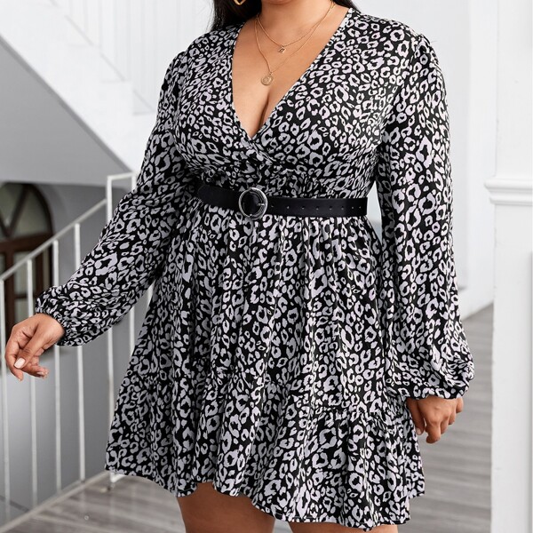 

Plus All Over Print Surplice Front Dress Without Belt, Grey