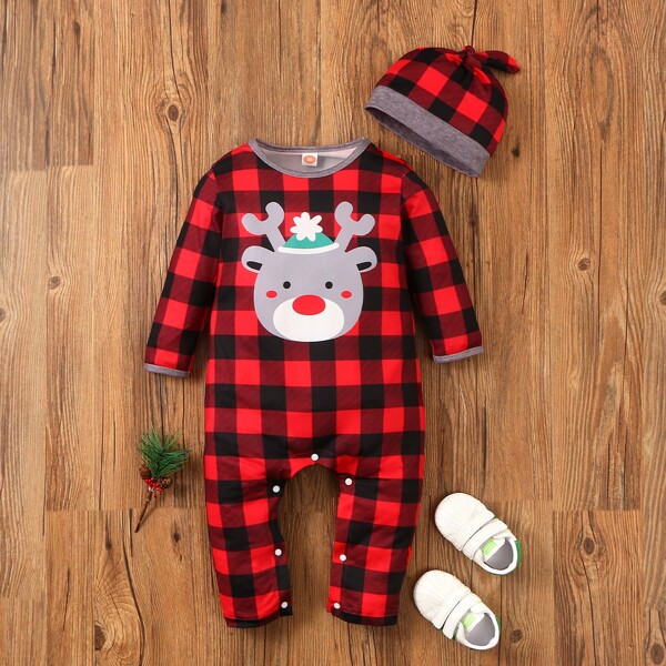 

Baby Unisex Christmas Gingham Print Jumpsuit With Hat, Multicolor