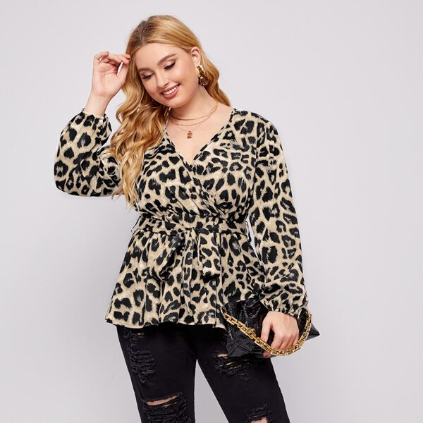 

Plus Leopard Surplice Front Belted Peplum Blouse, Multicolor