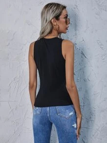SHEIN Essnce Solid Rib-Knit Tank Top - Black - View 2