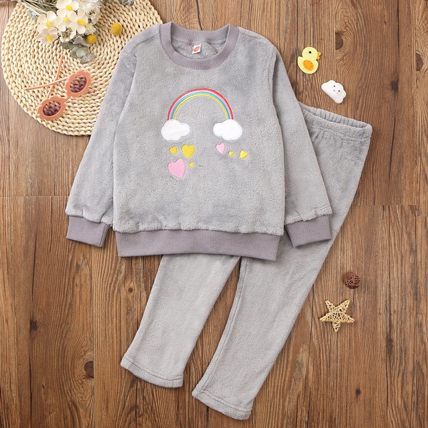 

Toddler Girls Rainbow And Heart Embroidery Teddy PJ Set, Grey