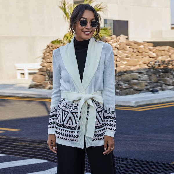 

Geo Pattern Shawl Collar Belted Cardigan, Beige