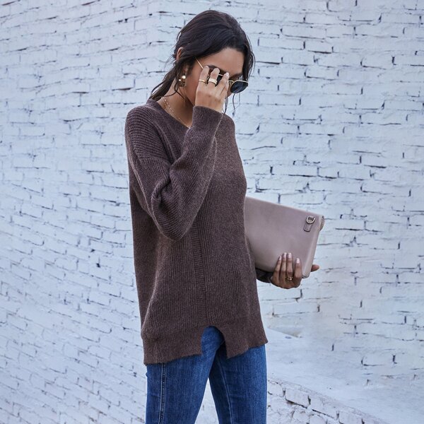 

Cut Out Hem Drop Shoulder Sweater, Chocolate brown