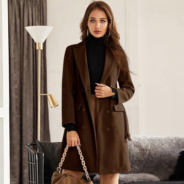

Double Button Belted Overcoat, Coffee brown