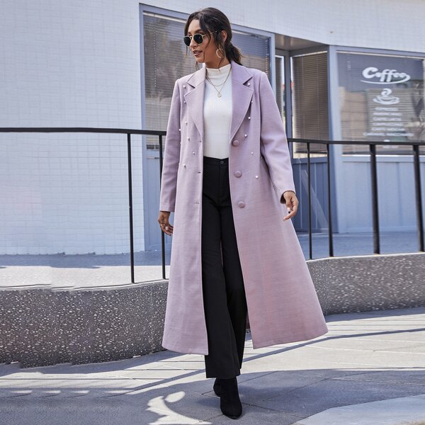

Pearls Detail Button Front Overcoat, Purple