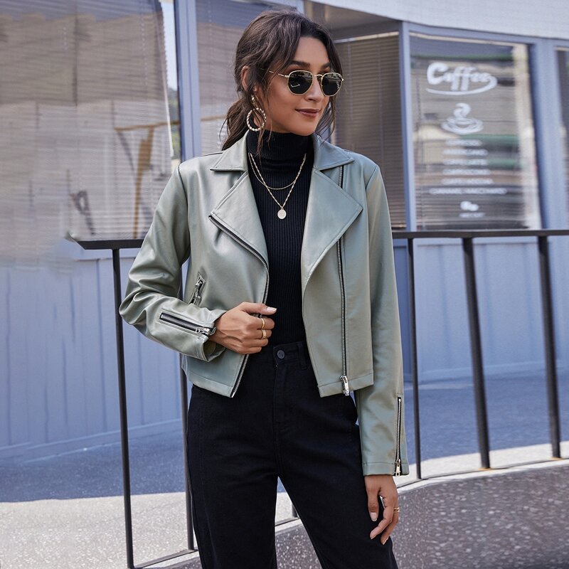 Lapel Neck PU Leather Moto Jacket, Army green
