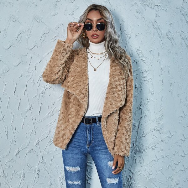 

Waterfall Collar Solid Faux Fur Coat, Khaki