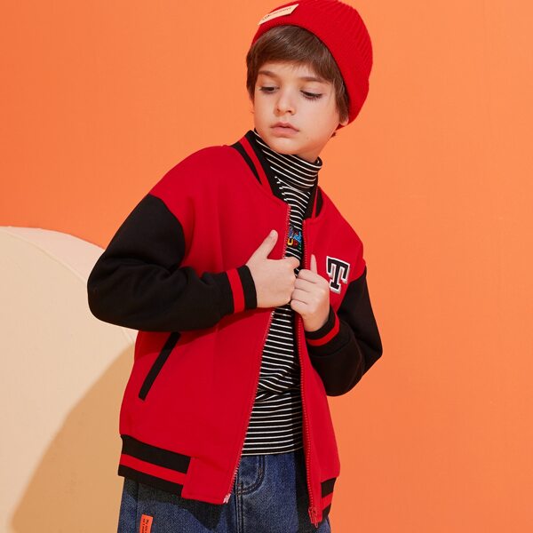 

Boys Letter Embroidery Striped Trim Bomber Jacket, Red
