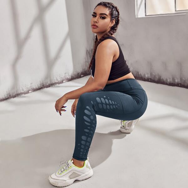 

Plus Laser Cut Out Sports Leggings With Phone Pocket, Navy blue