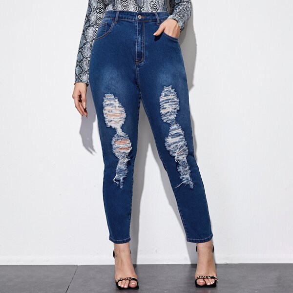 

Plus High Stretch Ripped Detail Skinny Jeans, Dark wash
