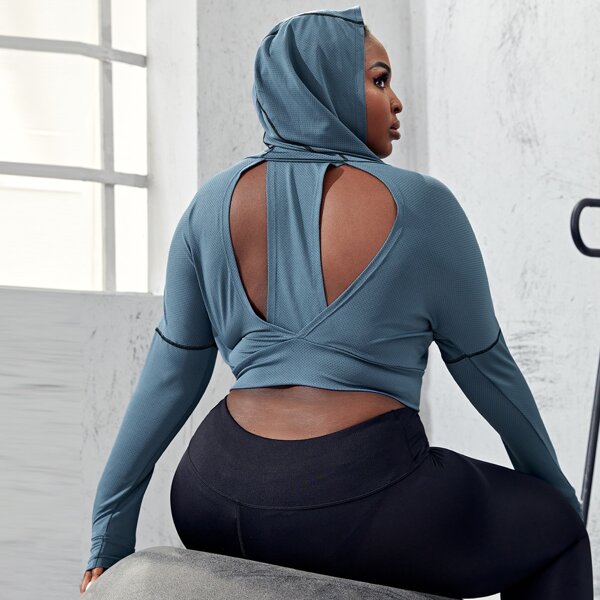

Plus Cut Out Back Sports Hoodie, Dusty blue