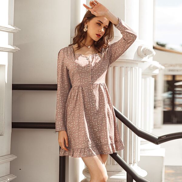 

Sweetheart Neck Button Front Ruffle Hem Ditsy Floral Dress, Dusty pink