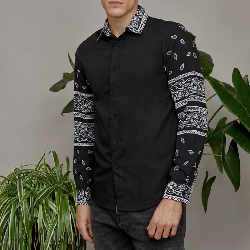 

Men Paisley Print Button Front Shirt, Black