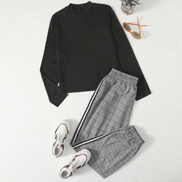 

Plus Mock Neck Tee & Side Stripe Plaid Pants, Multicolor