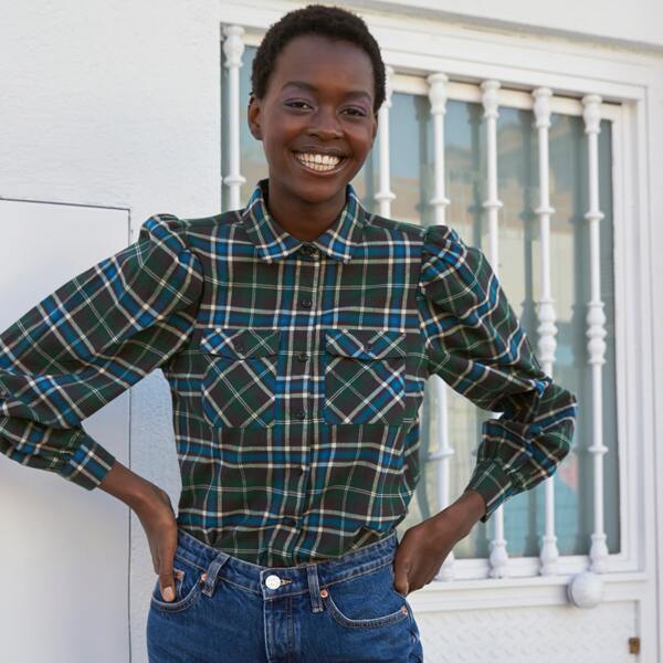 

Single Breasted Flap Pocket Tartan Blouse, Multicolor