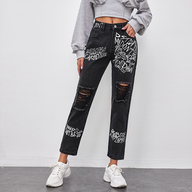 

Letter Graphic Straight Jeans, Black