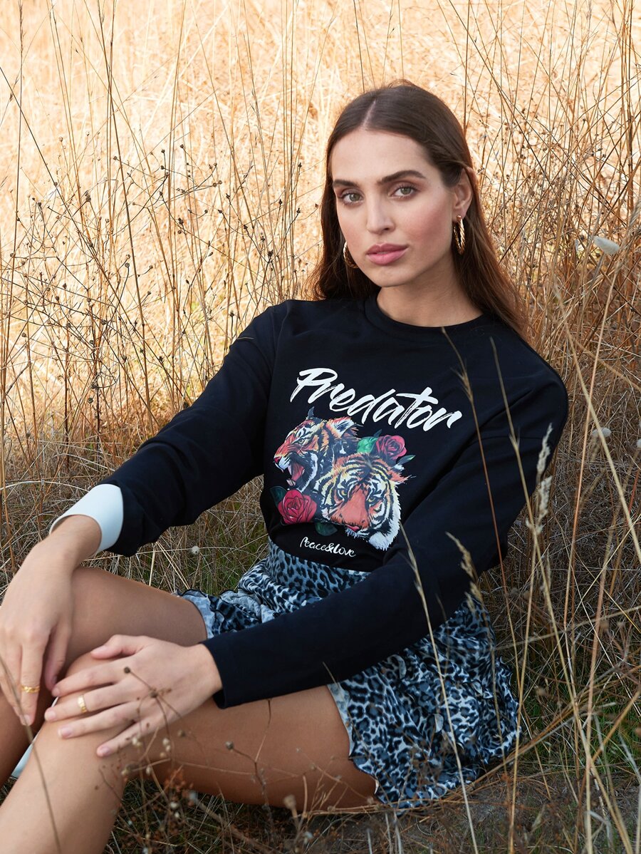 SHEIN Unity Tiger & Letter Graphic Top - Black - View 1