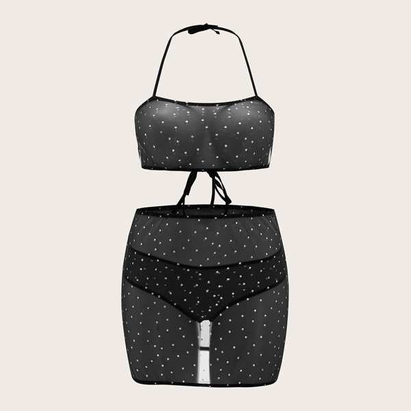 

3pack Plus Star Pattern Mesh Lingerie Set, Black