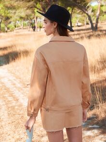 SHEIN 單排扣翻蓋口袋夾克和毛邊下擺半身裙套裝 - 杏色 - 查看 2