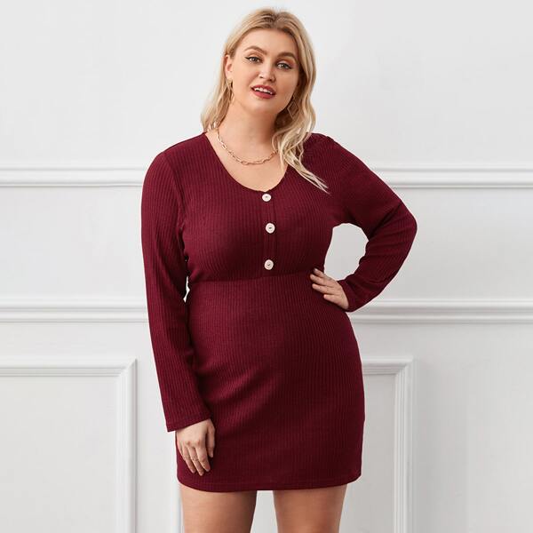 

Plus Rib-knit Button Detail Bodycon Dress, Maroon