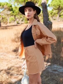 SHEIN 單排扣翻蓋口袋夾克和毛邊下擺半身裙套裝 - 杏色 - 查看 1