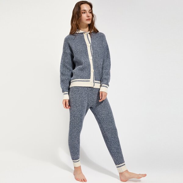 

PJM Button Front Striped Cardigan & Knit Pants Lounge Set, Navy blue