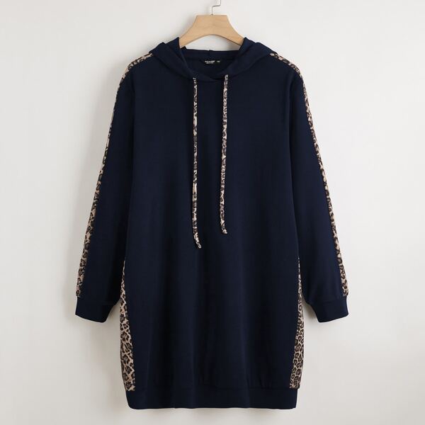 

Plus Leopard Print Drawstring Hoodie Dress, Navy blue