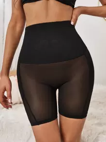 Women's Black High Stretch Casual Comfy Mesh Fabric Shapewear Shorts With Contrast Detail - Black - View 5