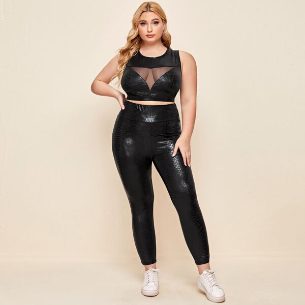 

Plus Mesh Insert Crocodile Embossed Tank Top & Leggings Set, Black