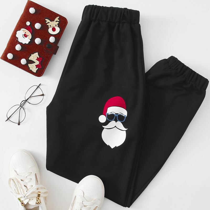 

Christmas Santa Claus Pattern Joggers, Black