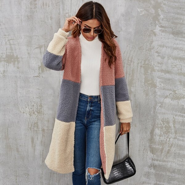 

Cut And Sew Open Front Teddy Coat, Multicolor
