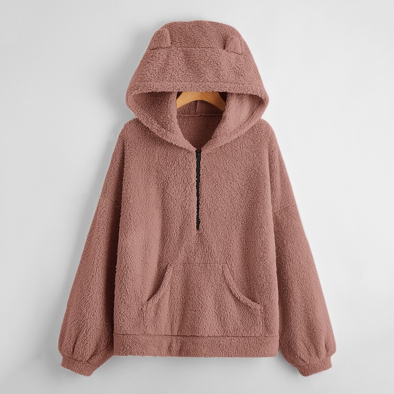 

Half Zip Kangaroo Pocket Teddy Ear Hoodie, Dusty pink