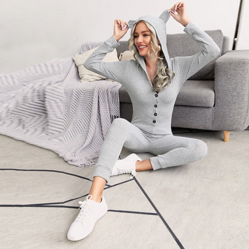 

3D Ear Design Button Hooded Lounge Jumpsuit, Light grey