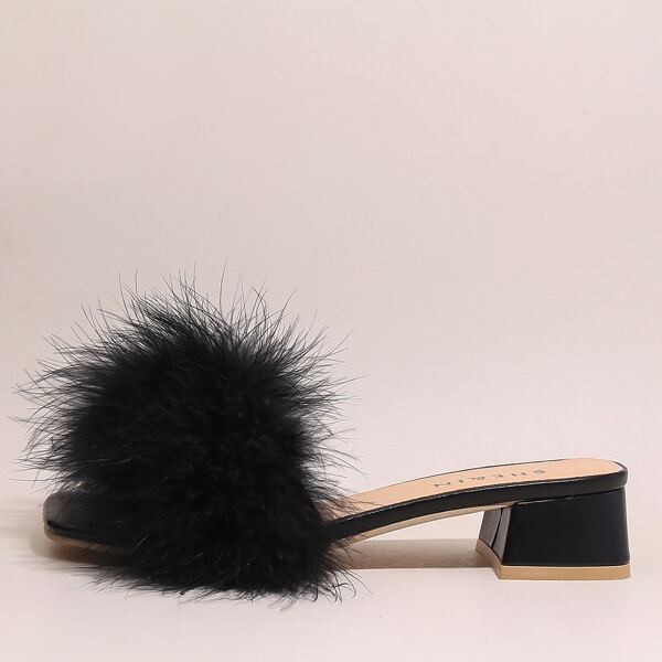 

Faux Fur Decor Block Heeled Mules, Black