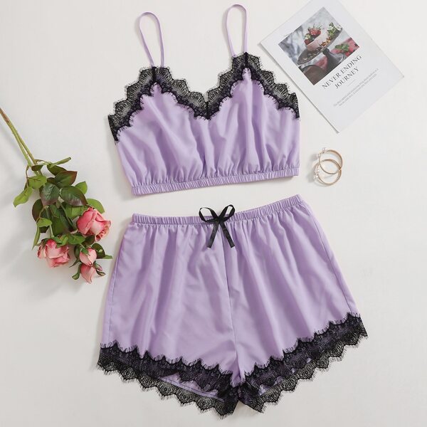 

Plus Contrast Lace Bow Front PJ Set, Lilac purple