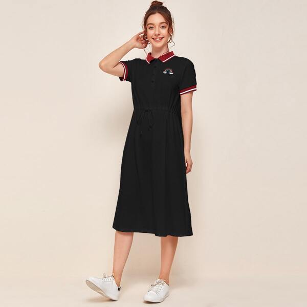 

Polo Collar Rainbow Patched Drawstring Waist Dress, Black