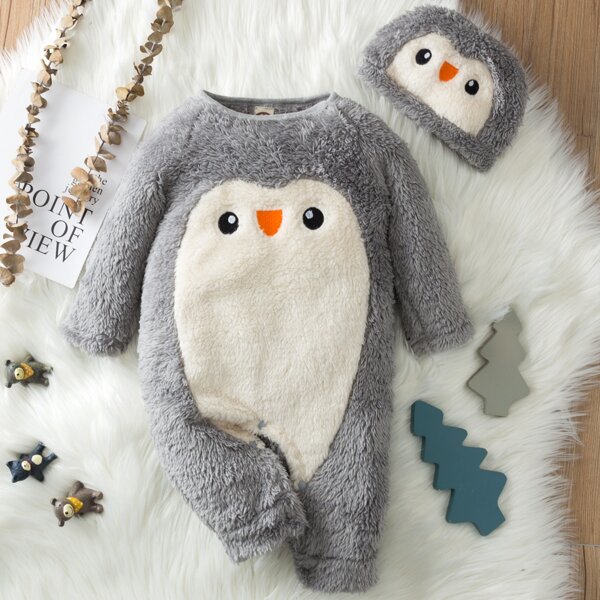

Baby Boy Cartoon Pattern Teddy Onesie With Hat, Grey