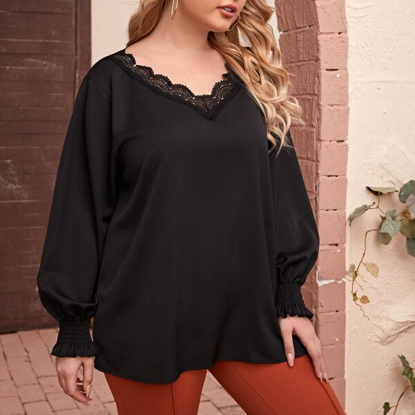 

Plus Lace Trim V Neck Bishop Sleeve Blouse, Black