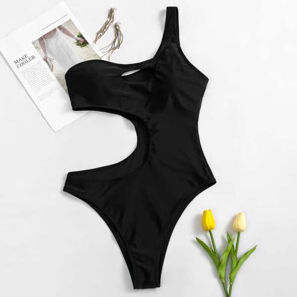 

Cut Out One Shoulder One Piece Swimsuit, Black