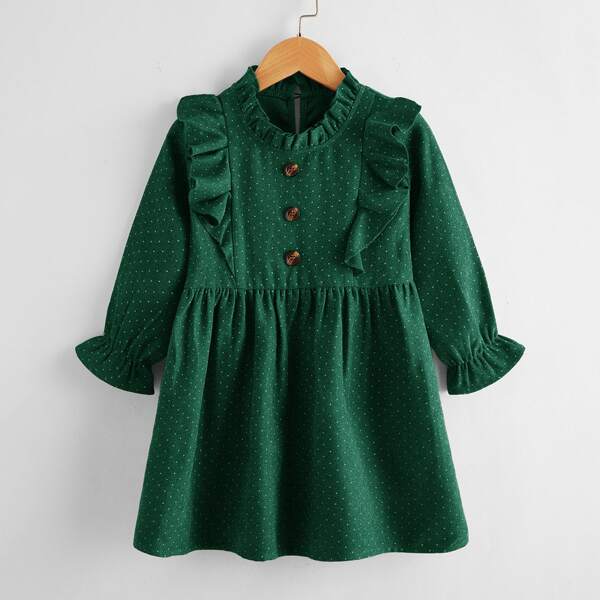 

Toddler Girls Frill Neck Polka Dot Dress, Green