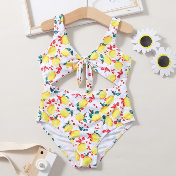 

Girls Lemon Print Knot Front One Piece Swimsuit, Multicolor