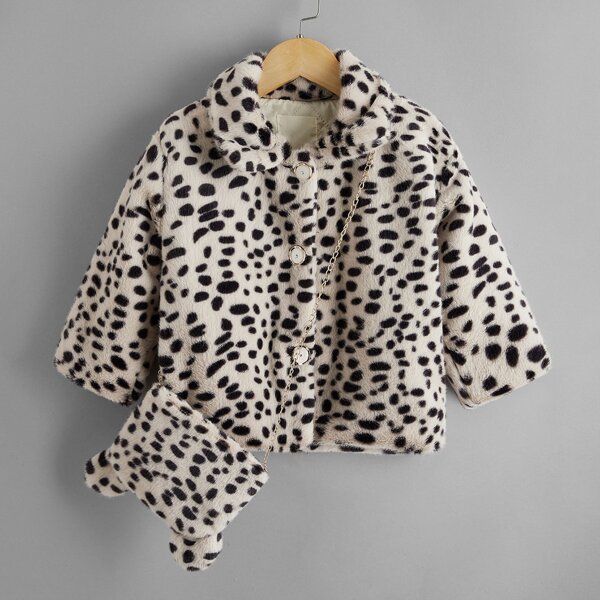 

Toddler Girls Dalmatian Print Teddy Coat With 3D Ear Design Bag, Multicolor
