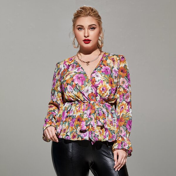 

Plus Surplice Front Allover Floral Belted Chiffon Blouse, Multicolor