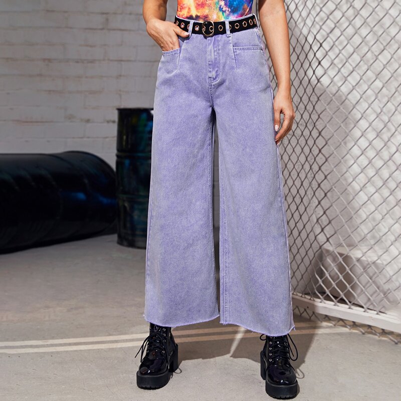 

High Waisted Raw Hem Wide Leg Jeans Without Belt, Lilac purple