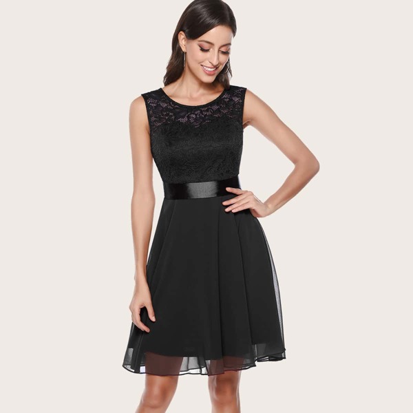 

Lace Bodice Ribbon Tie Back Dress, Black