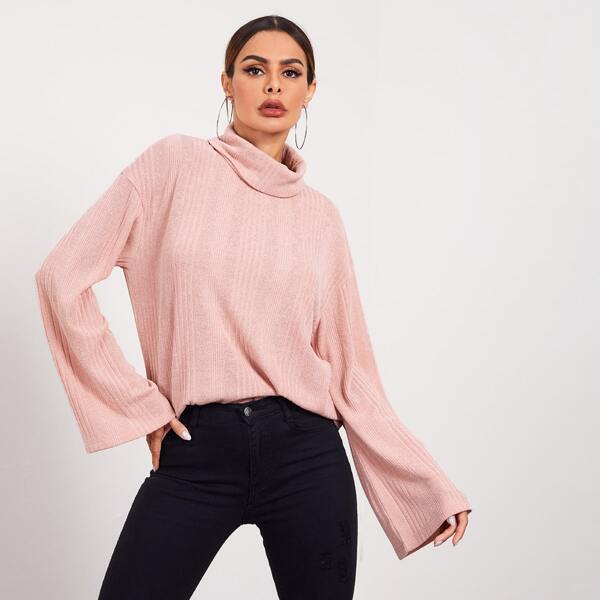 

Turtleneck Drop Shoulder Ribbed Tee, Pastel baby pink