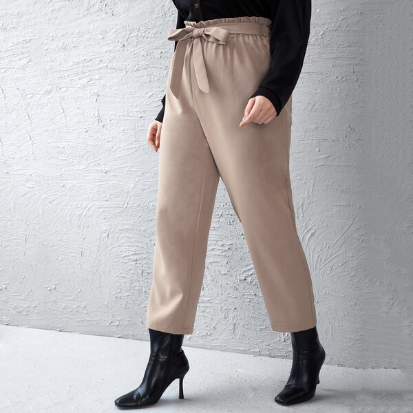 

Plus Paperbag Waist Self Tie Pants, Apricot